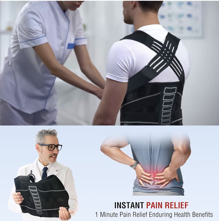 Adjustable back brace for posture support and instant lower-back pain relief