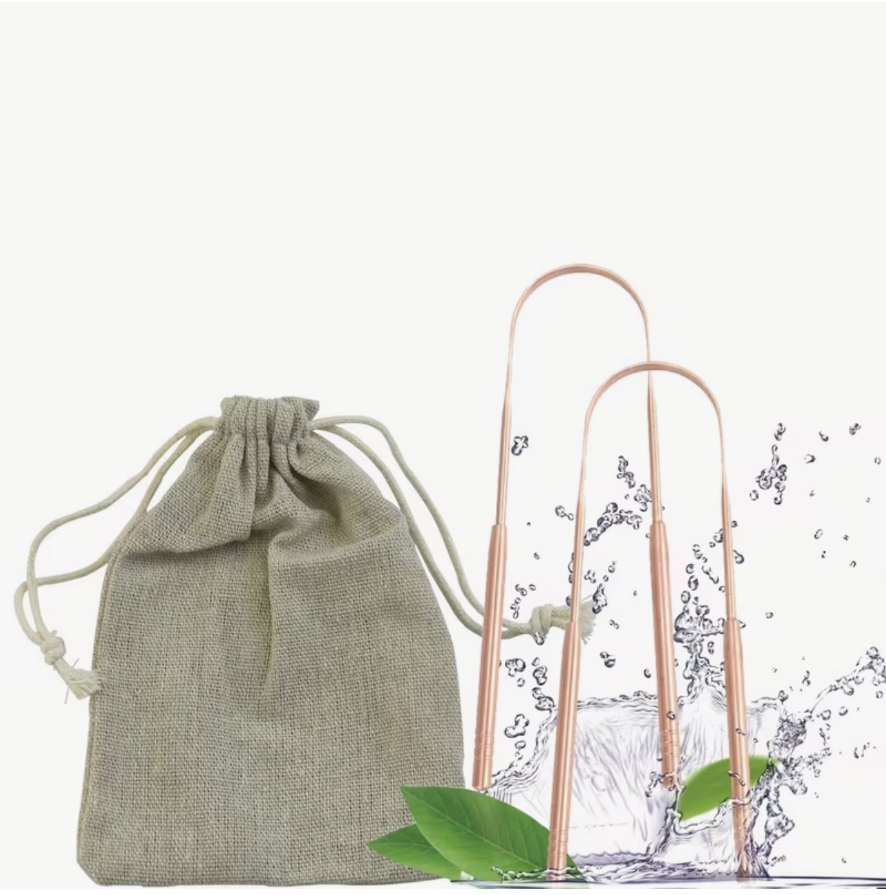 Copper tongue scrapers with linen travel pouch for Ayurvedic oral detox