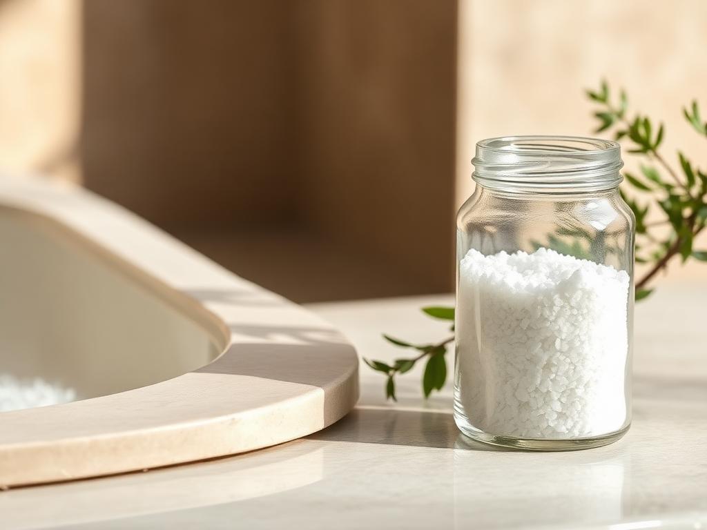 Magnesium bath flakes in a glass jar beside a bath with eucalyptus