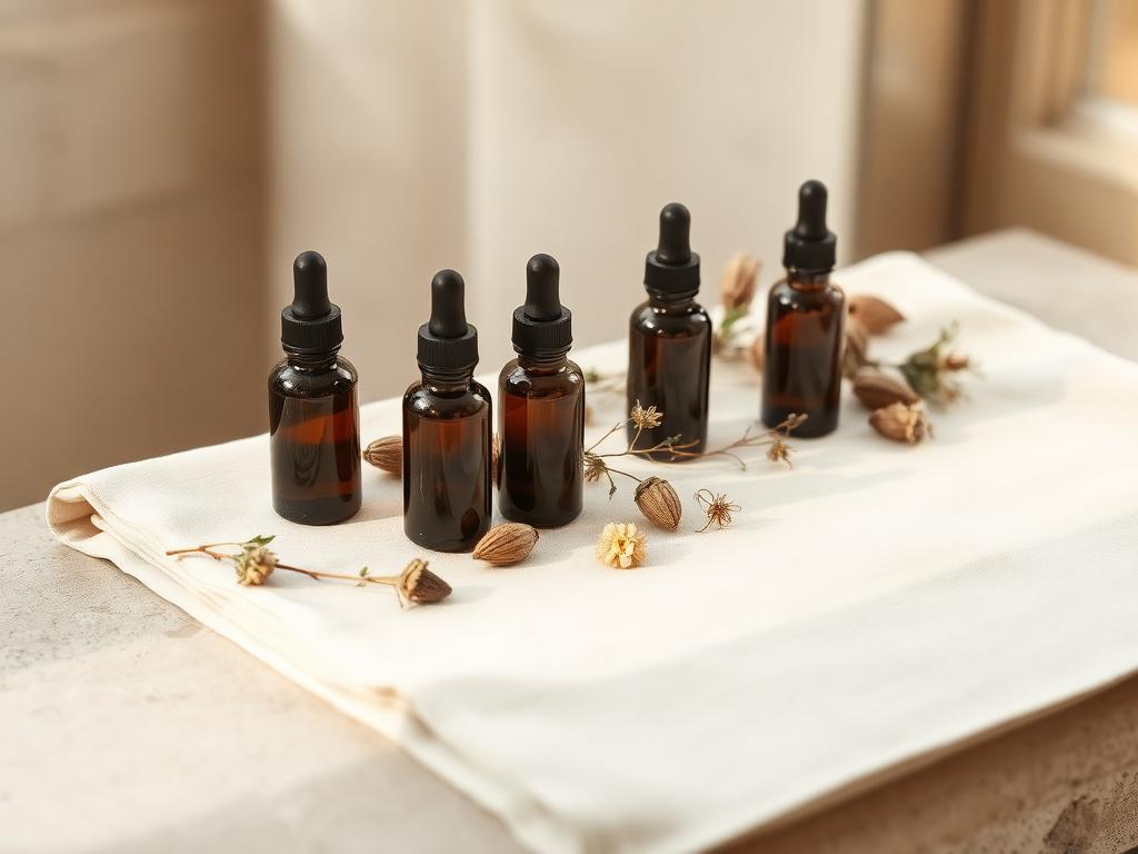 Dropper tincture bottles with dried botanicals on cream linen