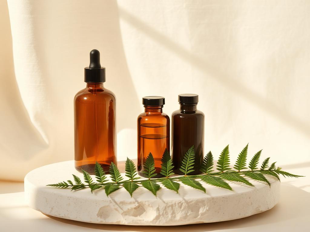 Amber glass supplement bottles on stone with a fern frond