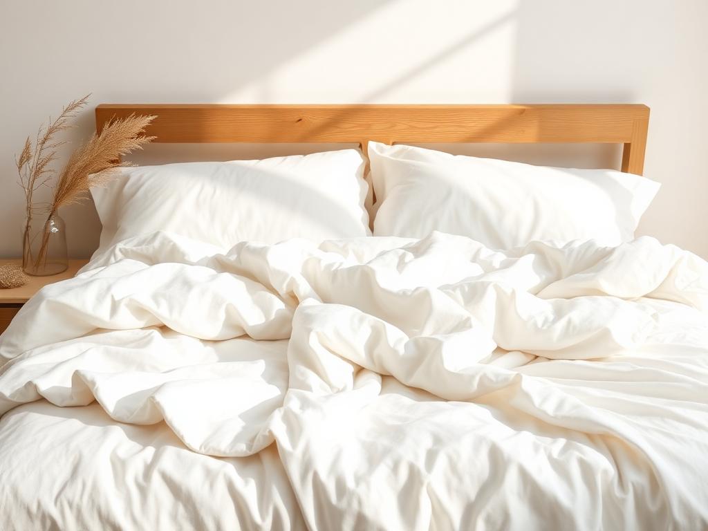 Light airy cooling comforter draped over a bed in natural light