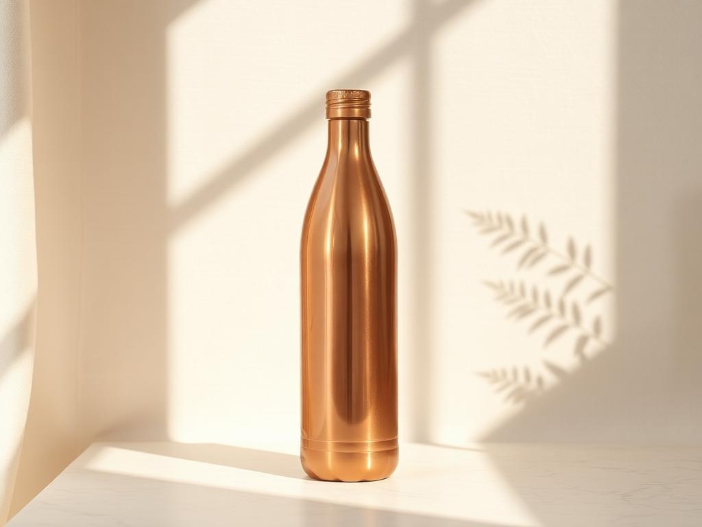 Copper water bottle on stone with a soft fern shadow