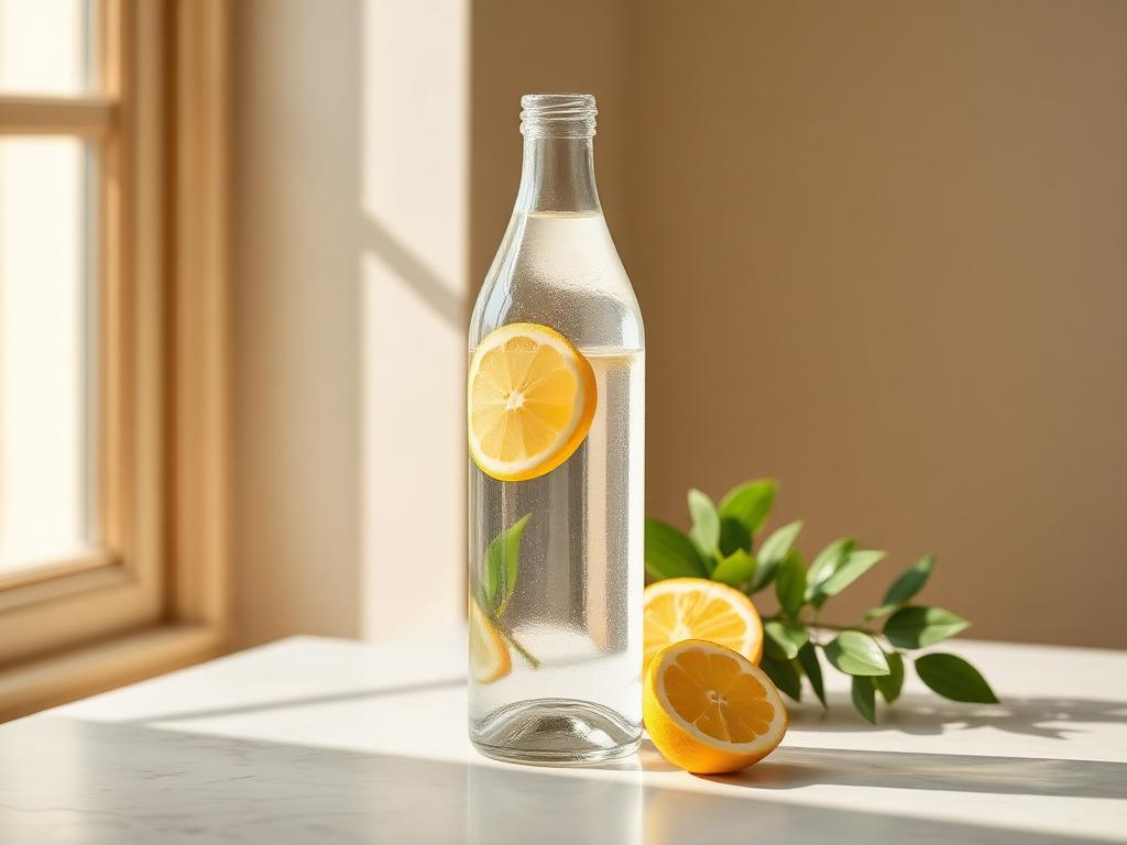 Clear glass water bottle with lemon and greenery, backlit