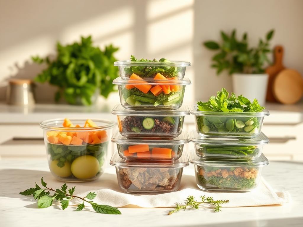 Stacked glass meal prep containers filled with fresh whole foods