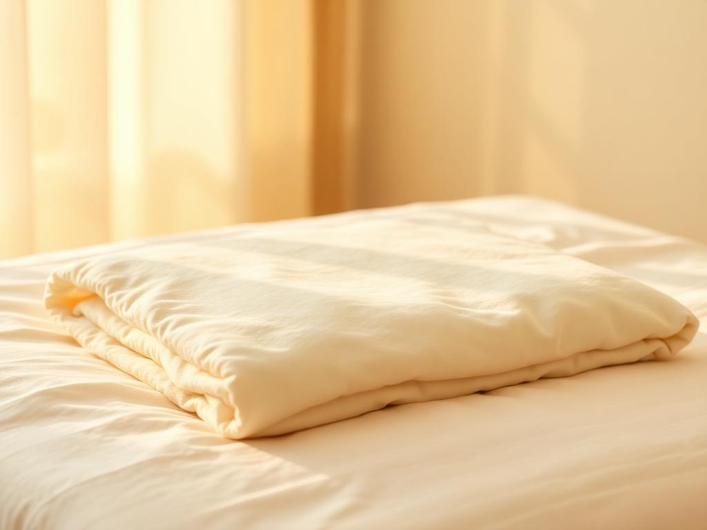 Soft folded heating wrap on linen bedding in warm light