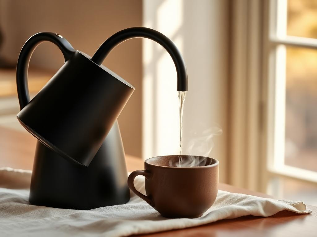 Gooseneck kettle pouring steaming water into a ceramic cup