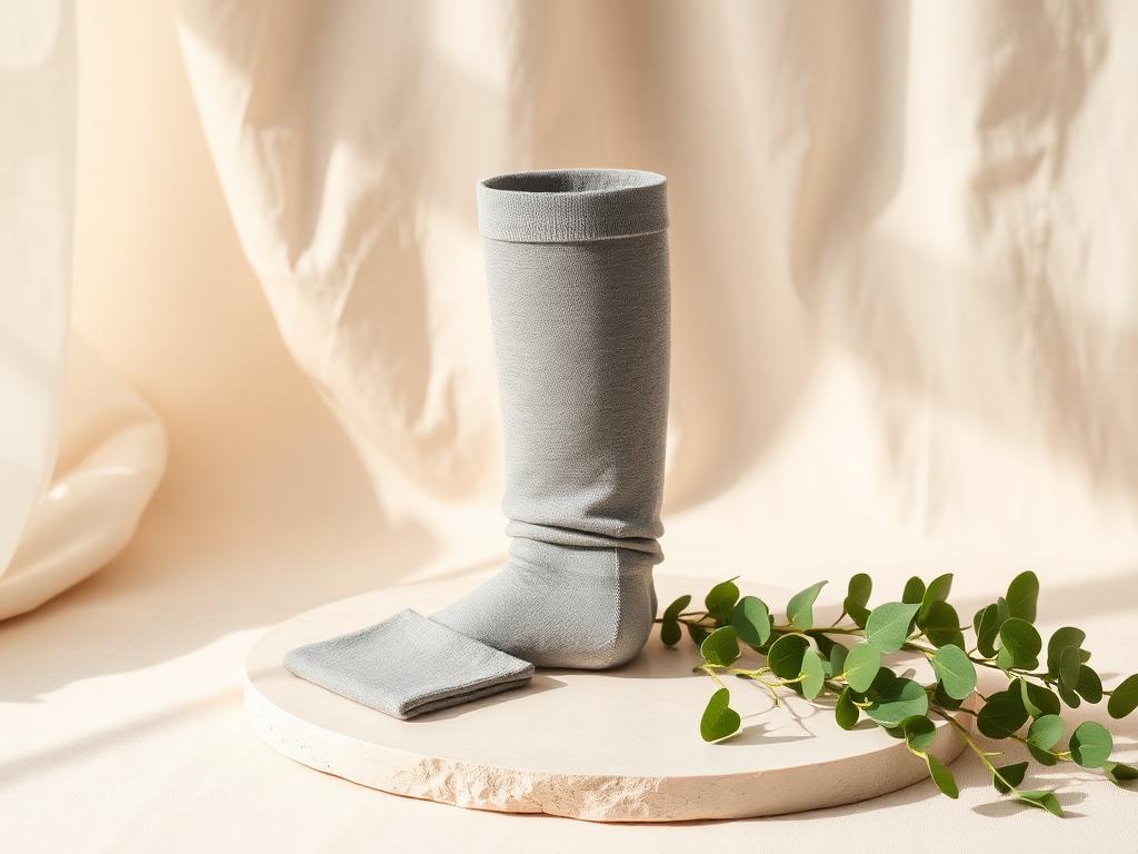 Compression knee sleeve on stone with eucalyptus greenery