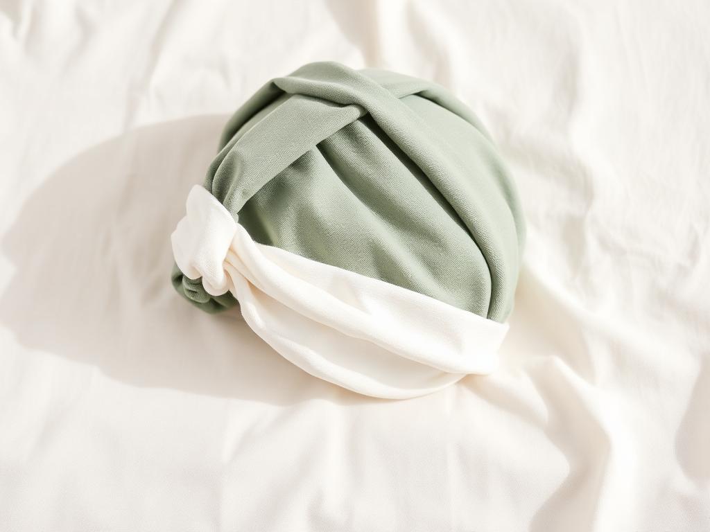 Soft cooling migraine relief head wrap folded on cream linen