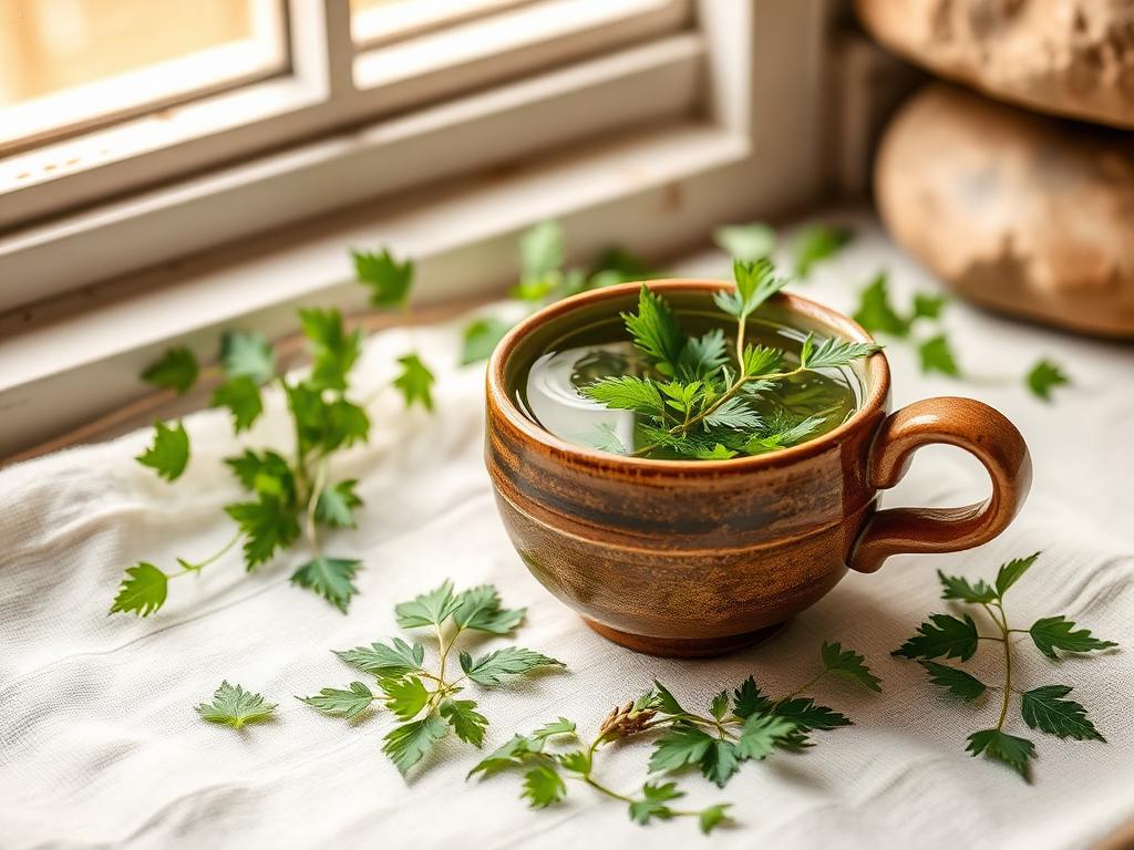 Herbal nettle leaf tea in a ceramic cup with fresh nettle leaves