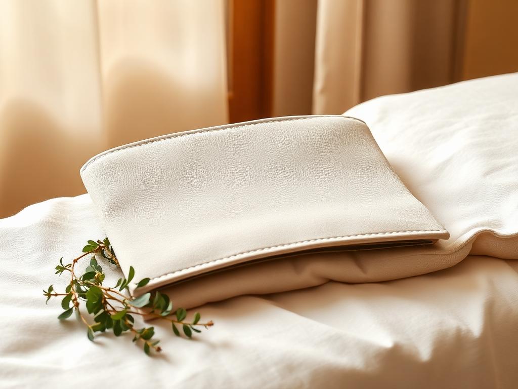 Neutral fabric posture support folded on linen with eucalyptus