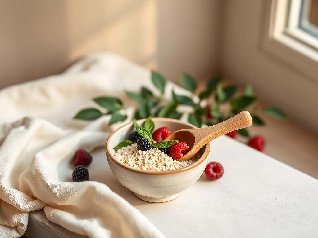 Scoop of protein powder in a ceramic bowl with berries and greens