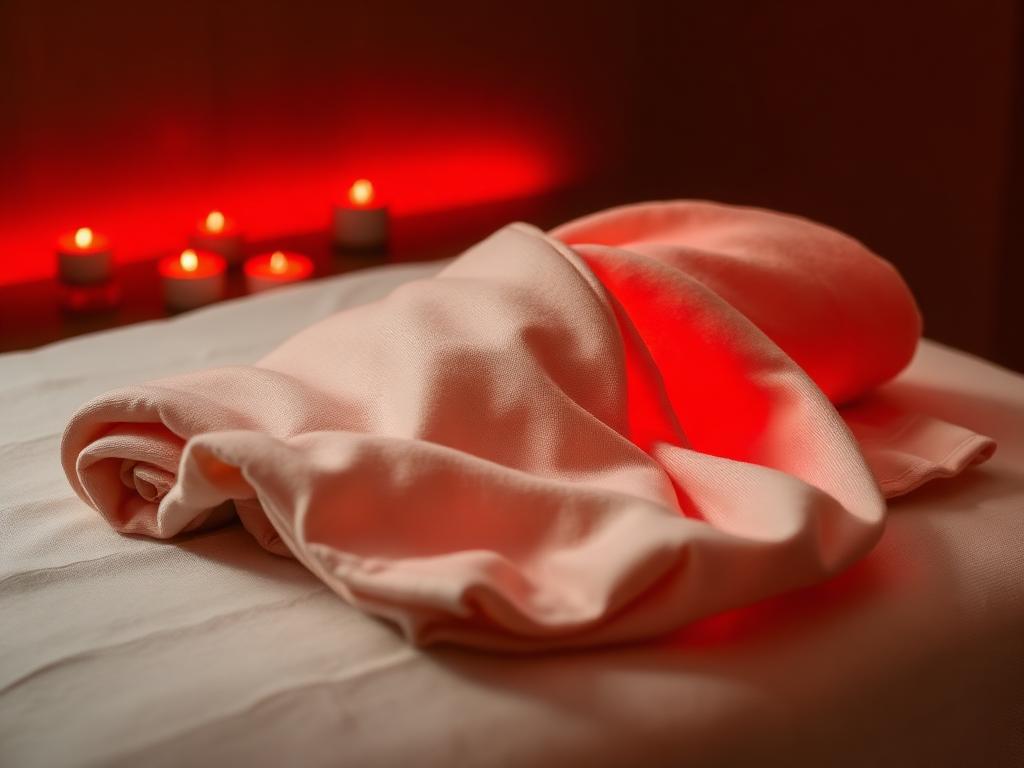 Red light therapy wrap glowing warm over linen in a calm spa setting