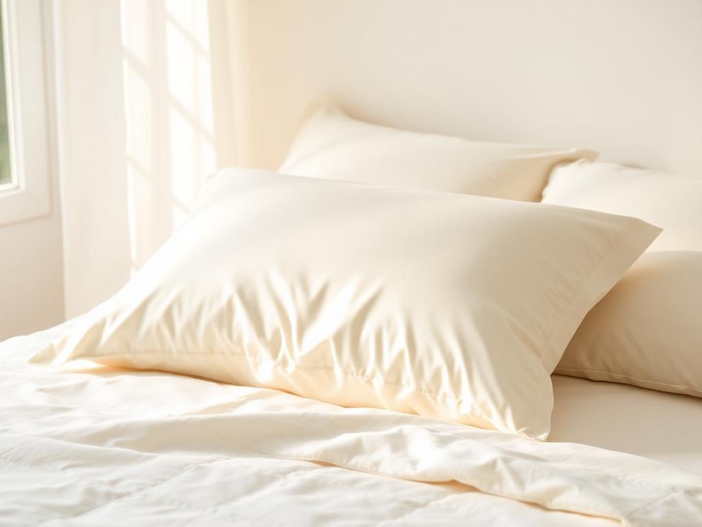 Cream silk pillowcase on a made bed in soft morning light
