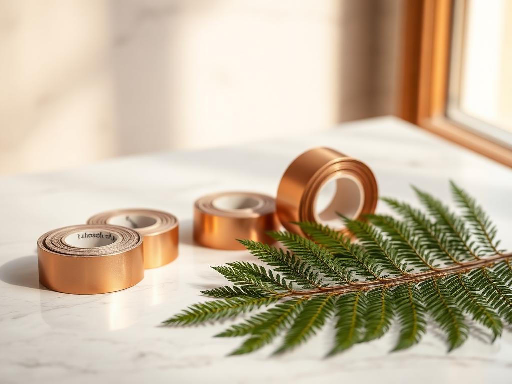 Rolls of copper-toned kinesiology tape on marble with a fern