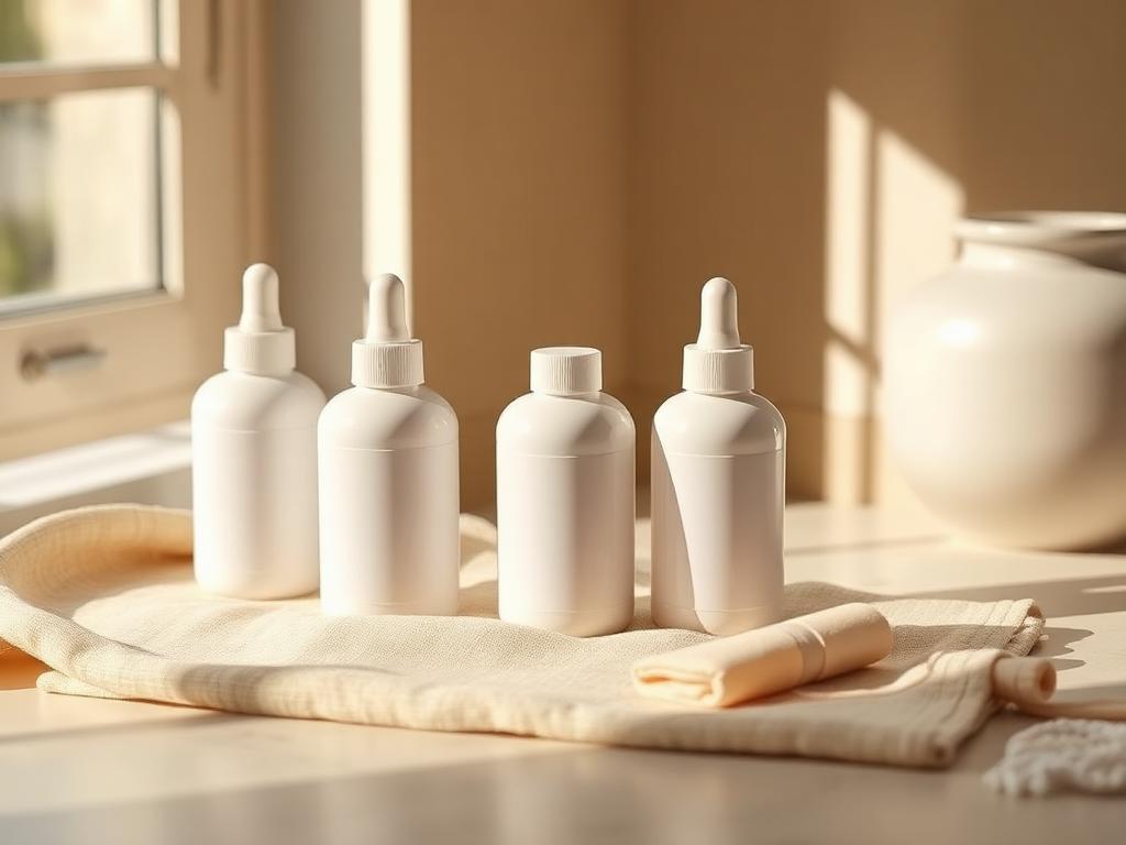 Clean white supplement bottles in soft natural light