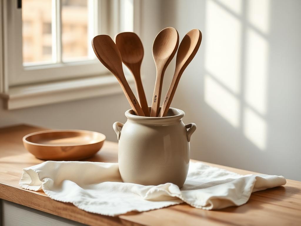 Teak wooden cooking utensils in a ceramic crock on a wood counter
