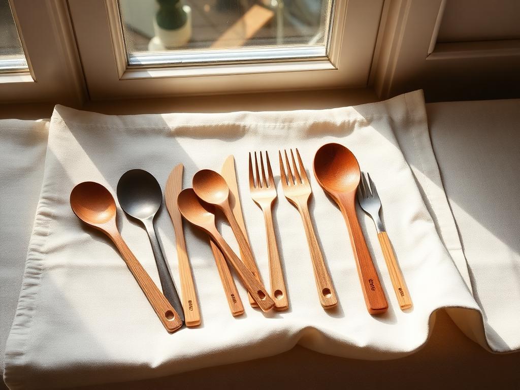 Wooden spoons and forks arranged on cream linen